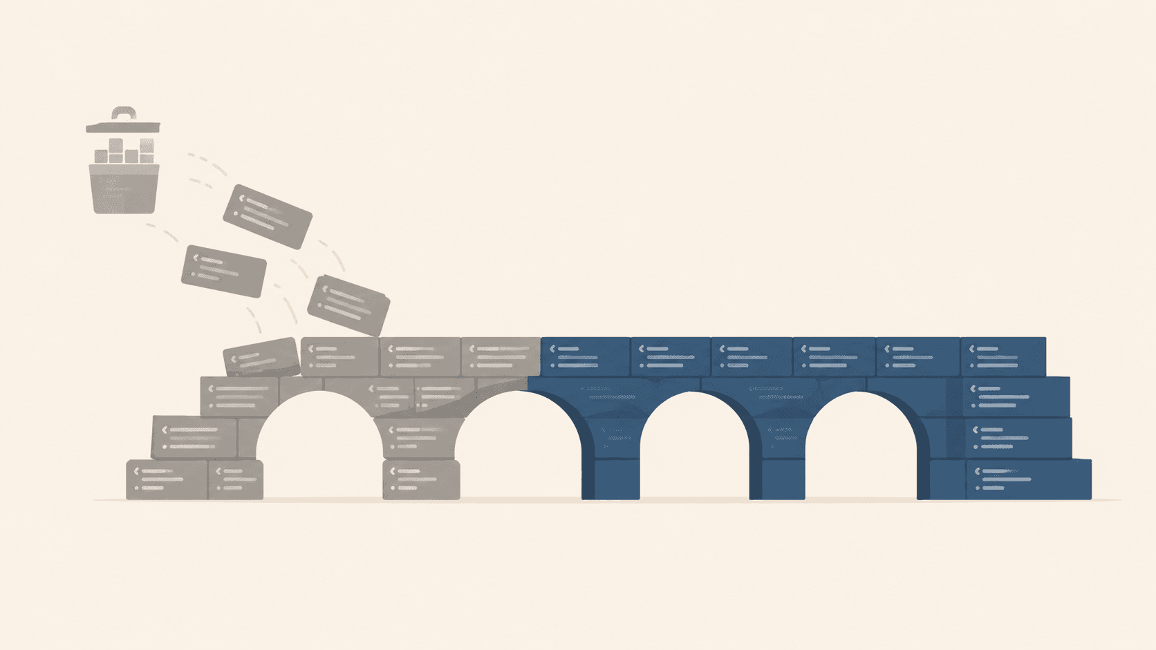 A stone bridge built from code blocks, half gray and crumbling into a trash bin, half solid blue