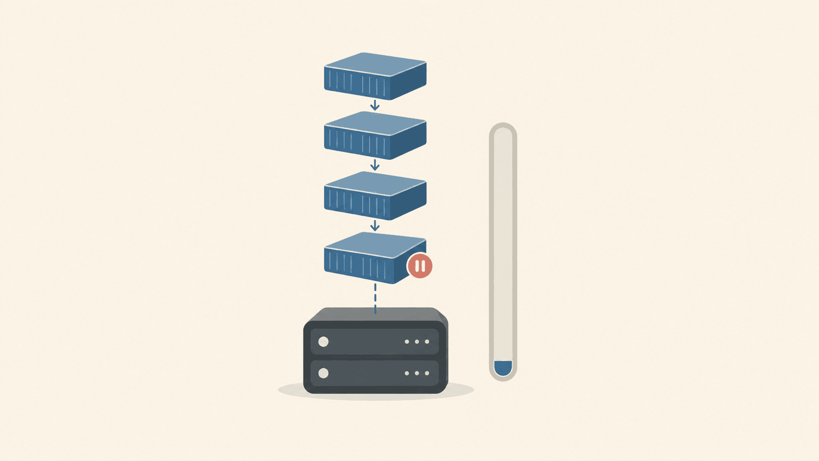A stack of container image layers descending toward a server, the lowest layer stalled halfway, with a memory gauge behind it almost drained
