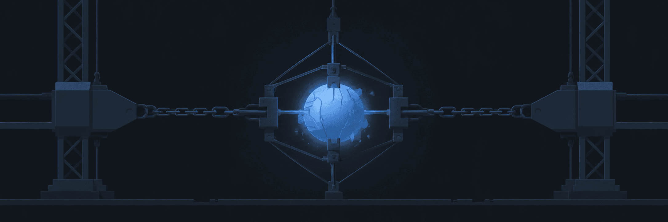 A glowing unstable core held in place by an industrial rigging harness