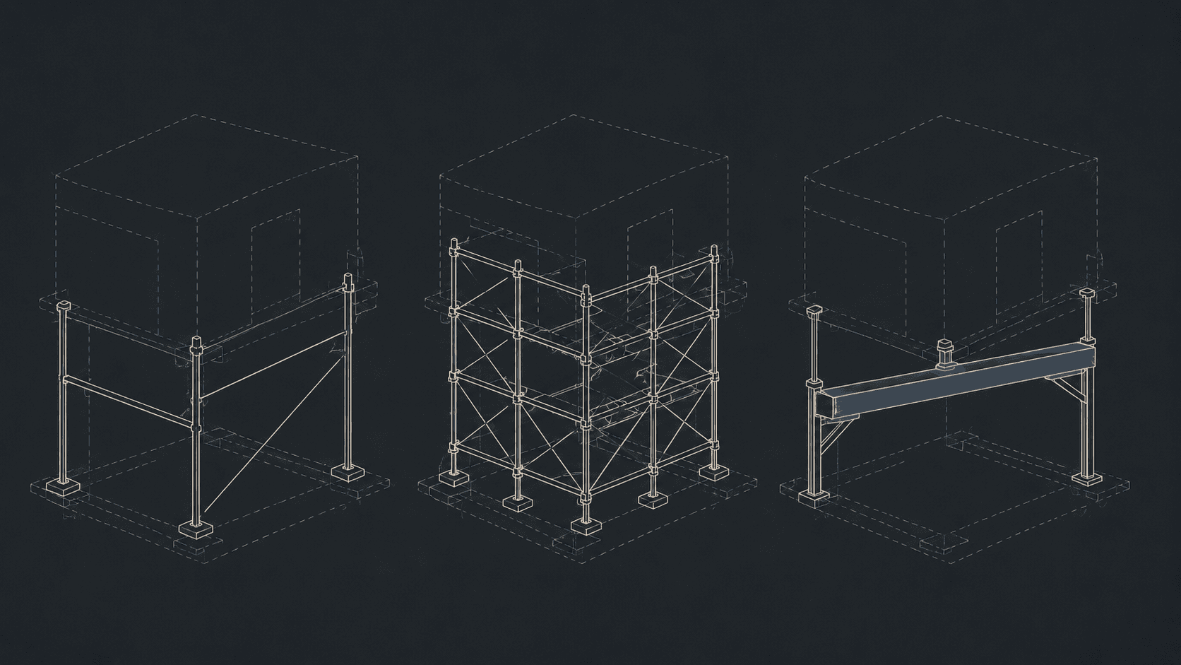 Three different scaffolding structures built around the same blueprint, one minimal, one heavily braced, one with a single load-bearing beam