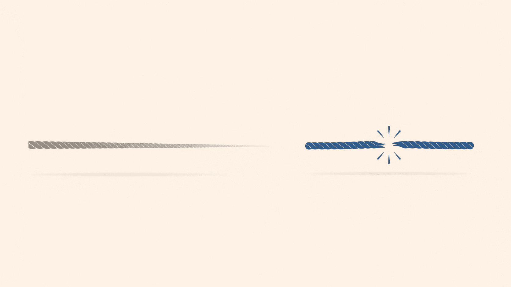 A single thread under two different kinds of strain, one stretched thin and long, one pulled taut and short