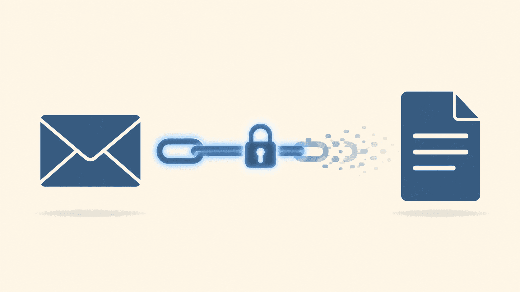 A single glowing link icon connecting an envelope to a locked document, with the link fading out after use