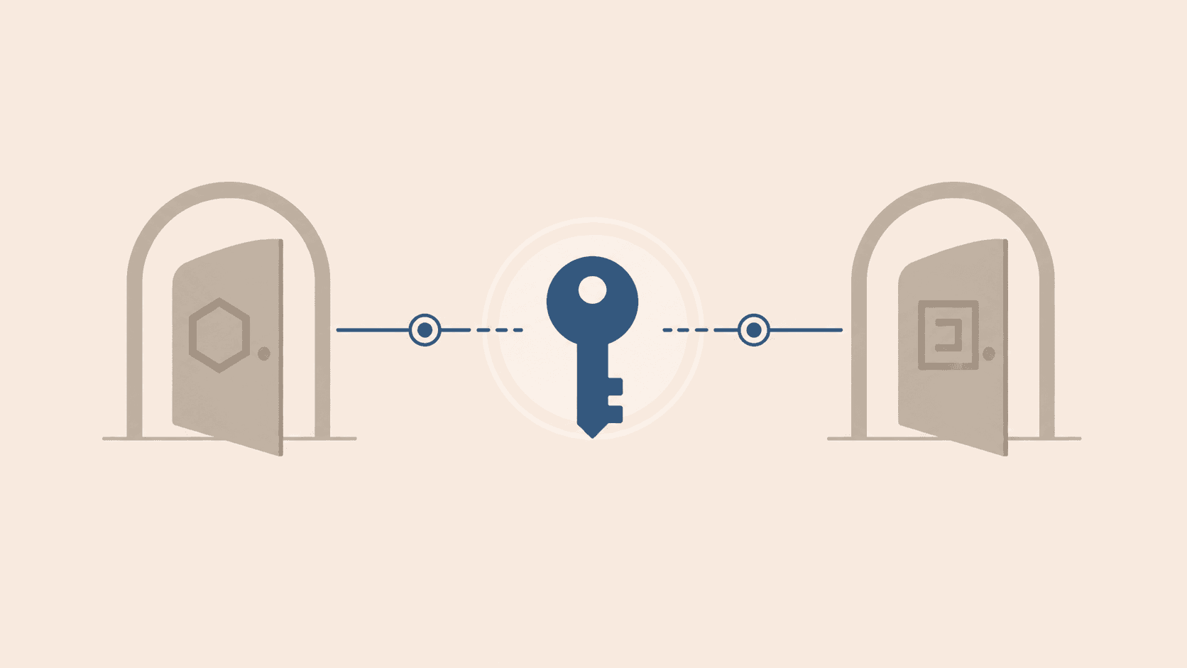 Two open doors with different framework icons connected by a shared key in the middle