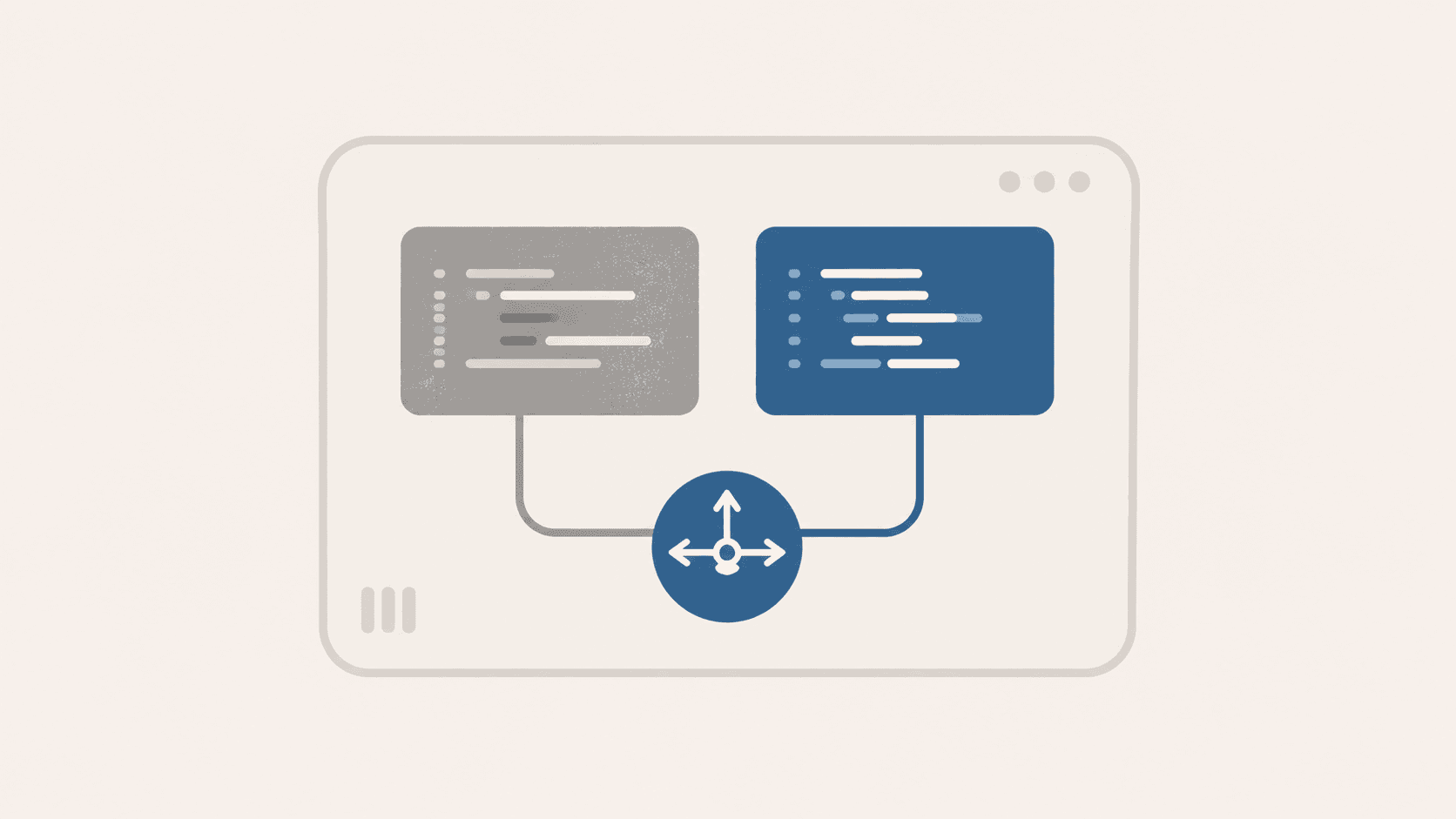 A browser window with a legacy gray code panel and a modern blue code panel both routed through a central router icon