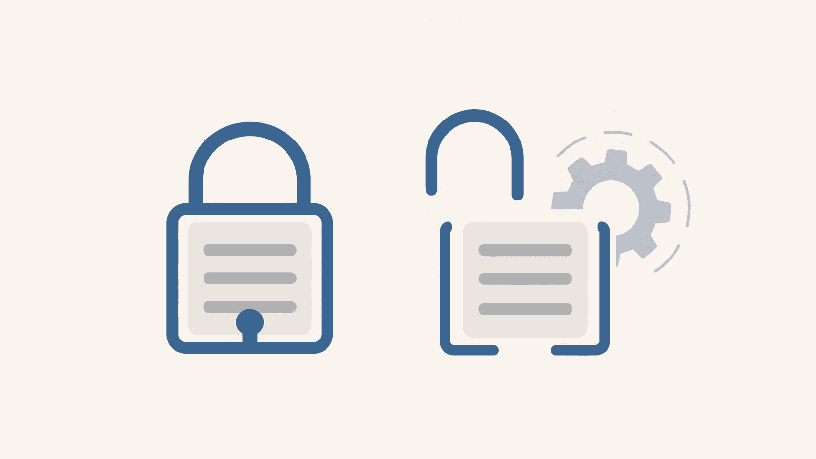 A closed padlock beside an open padlock with a gear icon, representing one enforced state next to an unenforced one